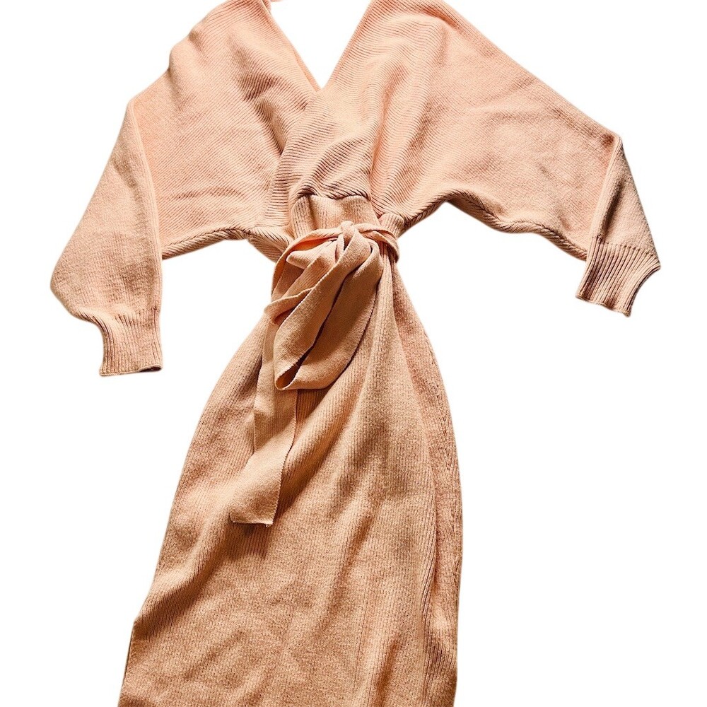 Petal + Pup Dress Womens M Blush Pink Ribbed Knit Wrap Midi Tie Waist